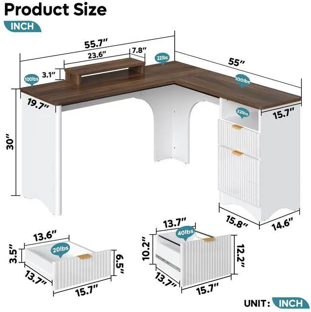 Alt view image 2 of 7 - Bestier L Shaped Desk with File Drawer, 55.7" x 55" Office Computer Desk with Round Corners, Modern Desk with Monitor Stand & Fluted Panels for Home Office