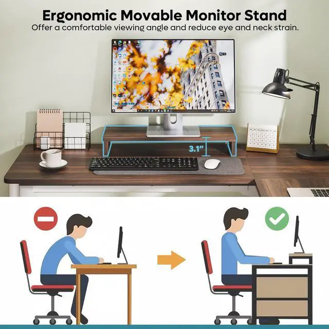 Alt view image 4 of 7 - Bestier L Shaped Desk with File Drawer, 55.7" x 55" Office Computer Desk with Round Corners, Modern Desk with Monitor Stand & Fluted Panels for Home Office