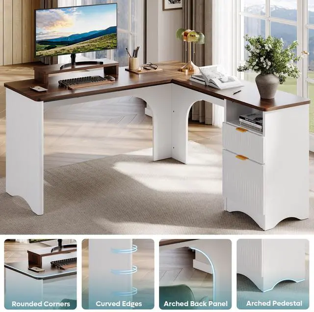 Alt view image 5 of 7 - Bestier L Shaped Desk with File Drawer, 55.7" x 55" Office Computer Desk with Round Corners, Modern Desk with Monitor Stand & Fluted Panels for Home Office