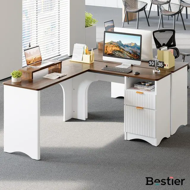 Alt view image 7 of 7 - Bestier L Shaped Desk with File Drawer, 55.7" x 55" Office Computer Desk with Round Corners, Modern Desk with Monitor Stand & Fluted Panels for Home Office