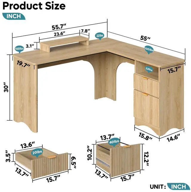Alt view image 2 of 7 - Bestier L Shaped Desk with File Drawer, 55.7" x 55" Office Computer Desk with Round Corners, Modern Desk with Monitor Stand & Fluted Panels for Home Office Natural Oak