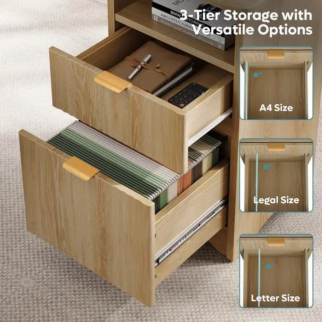 Alt view image 3 of 7 - Bestier L Shaped Desk with File Drawer, 55.7" x 55" Office Computer Desk with Round Corners, Modern Desk with Monitor Stand & Fluted Panels for Home Office Natural Oak