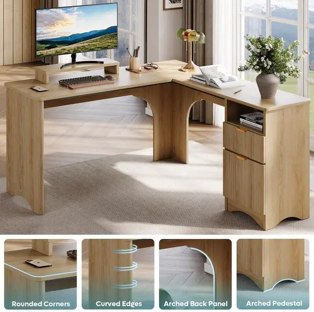 Alt view image 5 of 7 - Bestier L Shaped Desk with File Drawer, 55.7" x 55" Office Computer Desk with Round Corners, Modern Desk with Monitor Stand & Fluted Panels for Home Office Natural Oak