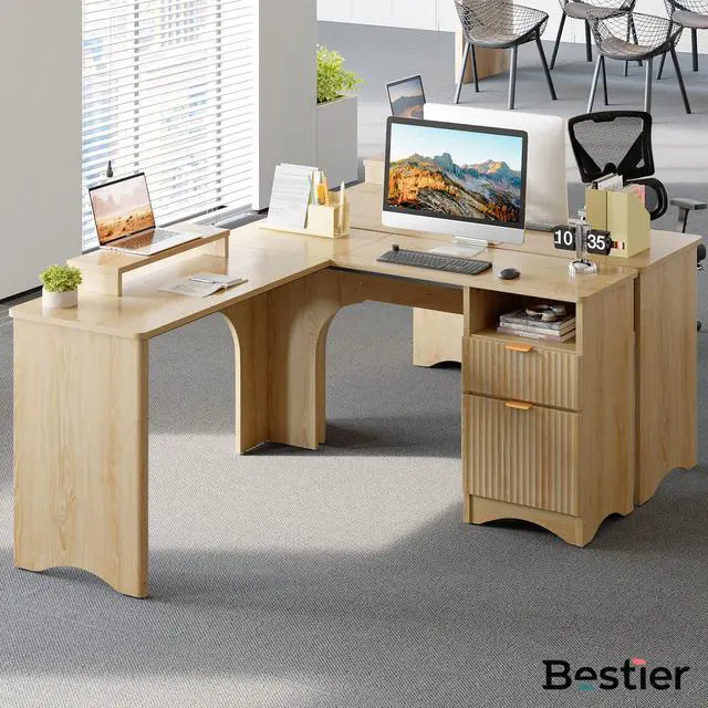 Alt view image 7 of 7 - Bestier L Shaped Desk with File Drawer, 55.7" x 55" Office Computer Desk with Round Corners, Modern Desk with Monitor Stand & Fluted Panels for Home Office Natural Oak