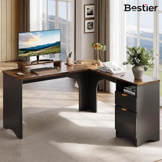 Main image of Bestier L Shaped Desk with File Drawer, 55.7" x 55" Office Computer Desk with Round Corners, Modern Desk with Monitor Stand & Fluted Panels for Home Office Rustic Brown