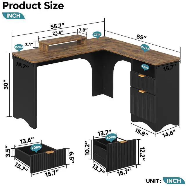 Alt view image 2 of 7 - Bestier L Shaped Desk with File Drawer, 55.7" x 55" Office Computer Desk with Round Corners, Modern Desk with Monitor Stand & Fluted Panels for Home Office Rustic Brown