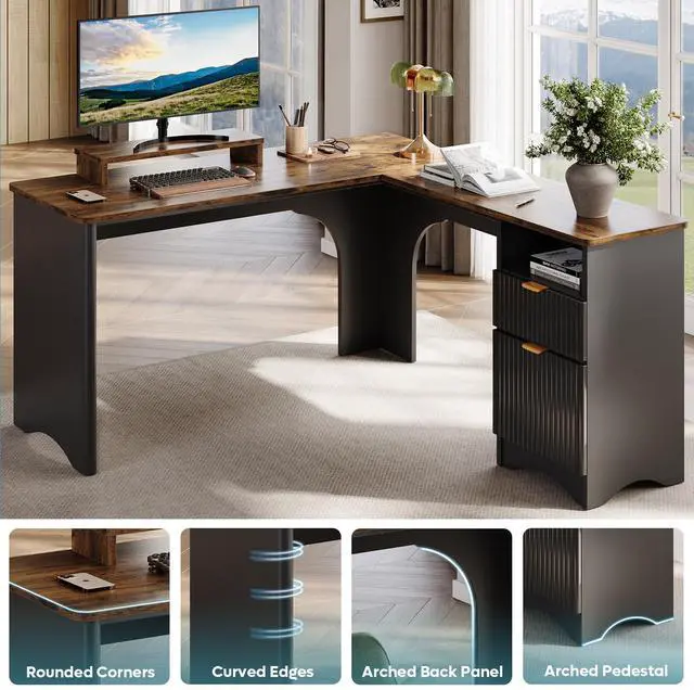Alt view image 5 of 7 - Bestier L Shaped Desk with File Drawer, 55.7" x 55" Office Computer Desk with Round Corners, Modern Desk with Monitor Stand & Fluted Panels for Home Office Rustic Brown