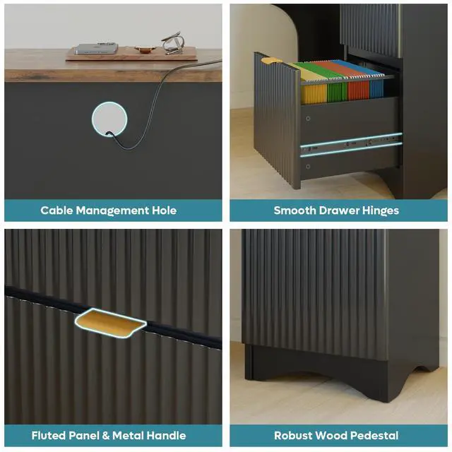 Alt view image 6 of 7 - Bestier L Shaped Desk with File Drawer, 55.7" x 55" Office Computer Desk with Round Corners, Modern Desk with Monitor Stand & Fluted Panels for Home Office Rustic Brown