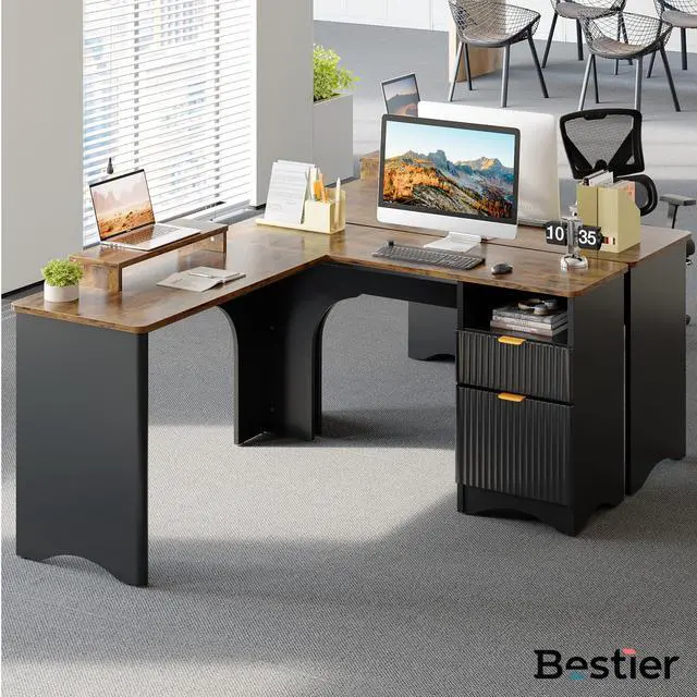 Alt view image 7 of 7 - Bestier L Shaped Desk with File Drawer, 55.7" x 55" Office Computer Desk with Round Corners, Modern Desk with Monitor Stand & Fluted Panels for Home Office Rustic Brown
