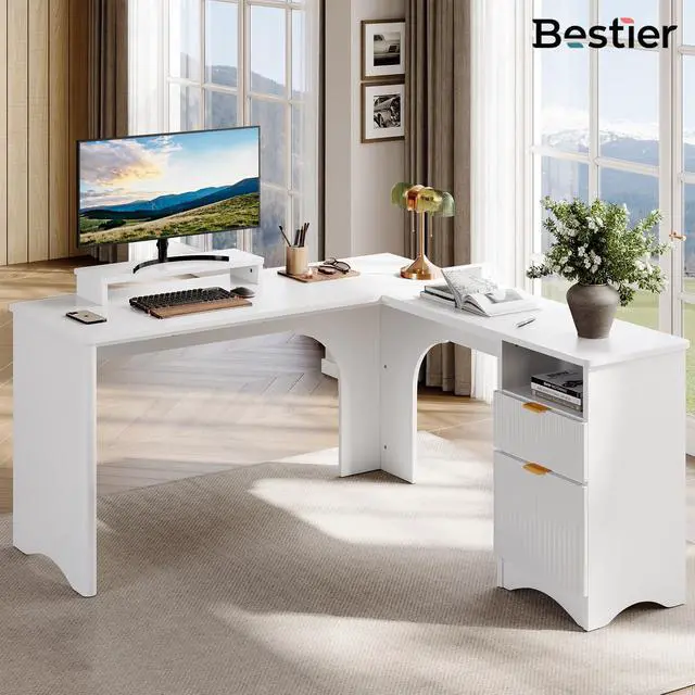 Main image of Bestier L Shaped Desk with File Drawer, 55.7" x 55" Office Computer Desk with Round Corners, Modern Desk with Monitor Stand & Fluted Panels for Home Office White