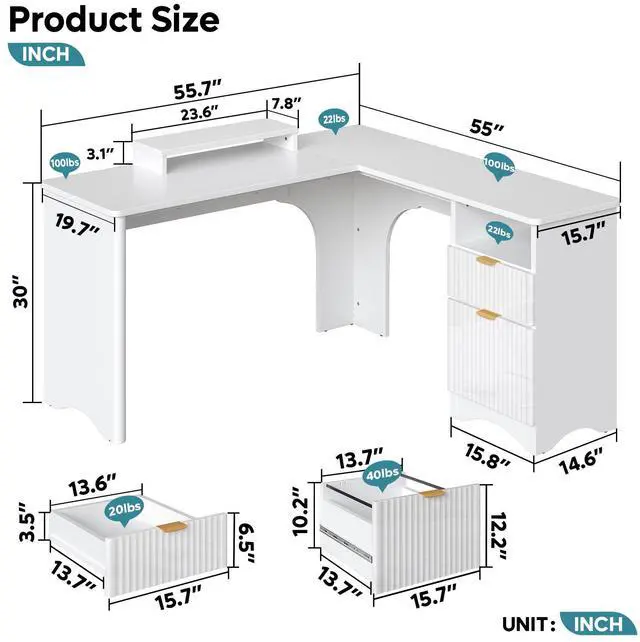Alt view image 2 of 7 - Bestier L Shaped Desk with File Drawer, 55.7" x 55" Office Computer Desk with Round Corners, Modern Desk with Monitor Stand & Fluted Panels for Home Office White