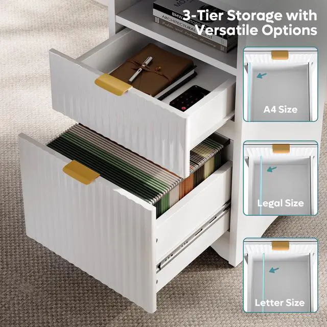 Alt view image 3 of 7 - Bestier L Shaped Desk with File Drawer, 55.7" x 55" Office Computer Desk with Round Corners, Modern Desk with Monitor Stand & Fluted Panels for Home Office White