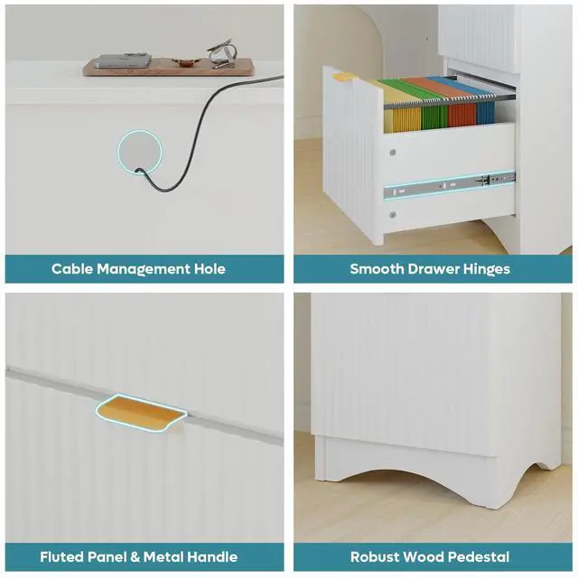 Alt view image 6 of 7 - Bestier L Shaped Desk with File Drawer, 55.7" x 55" Office Computer Desk with Round Corners, Modern Desk with Monitor Stand & Fluted Panels for Home Office White