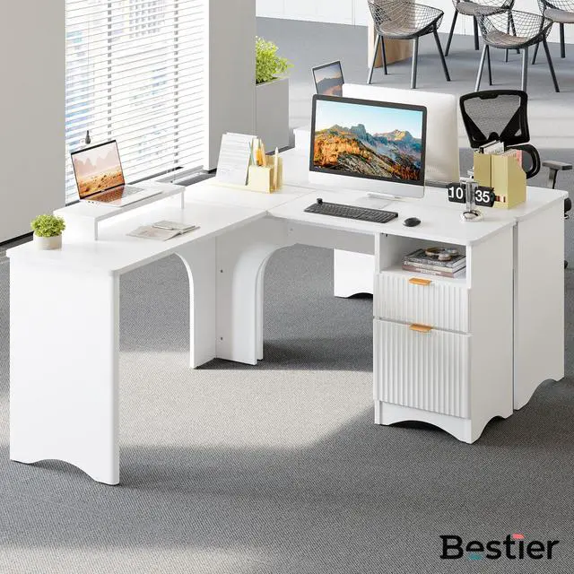 Alt view image 7 of 7 - Bestier L Shaped Desk with File Drawer, 55.7" x 55" Office Computer Desk with Round Corners, Modern Desk with Monitor Stand & Fluted Panels for Home Office White