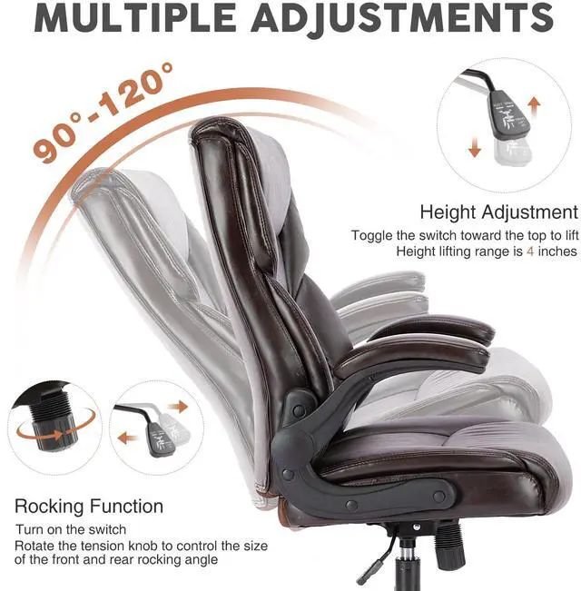 Alt view image 2 of 5 - Bestier Task Chairs PU Leather Office Chair with Adjustable Flip-up Armrests & Height - 275LBS Capacity, Lumbar Support & Strong Metal Base