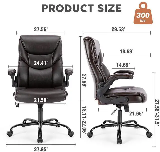 Alt view image 3 of 5 - Bestier Task Chairs PU Leather Office Chair with Adjustable Flip-up Armrests & Height - 275LBS Capacity, Lumbar Support & Strong Metal Base