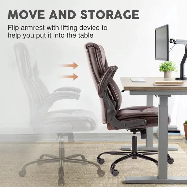 Alt view image 4 of 5 - Bestier Task Chairs PU Leather Office Chair with Adjustable Flip-up Armrests & Height - 275LBS Capacity, Lumbar Support & Strong Metal Base