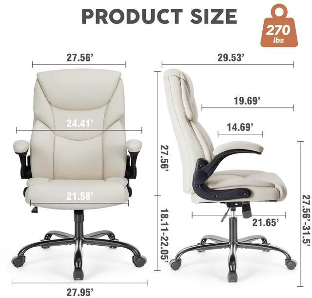 Alt view image 3 of 5 - Bestier Task Chairs PU Leather Office Chair with Adjustable Flip-up Armrests & Height - 275LBS Capacity, Lumbar Support & Strong Metal Base