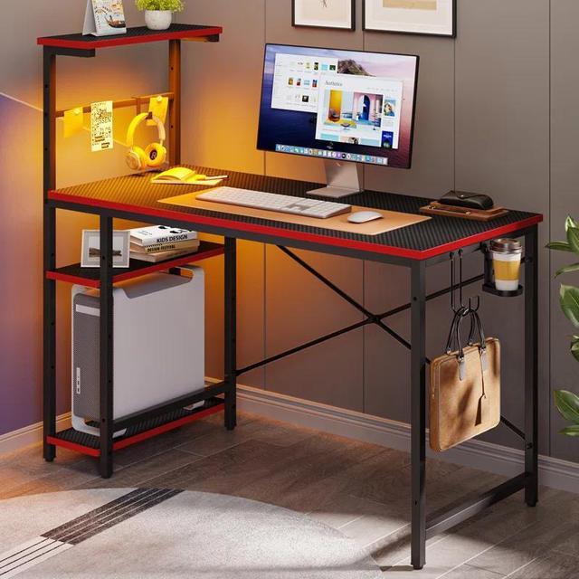 Alt view image 2 of 7 - Bestier 44" Rectangular Gaming Desk with RGB LED Lights and Adjustable Storage Shelves, Carbon Fiber Black Finish, with Foldable Cup Holder and Headphone Hook, Easy Assembly