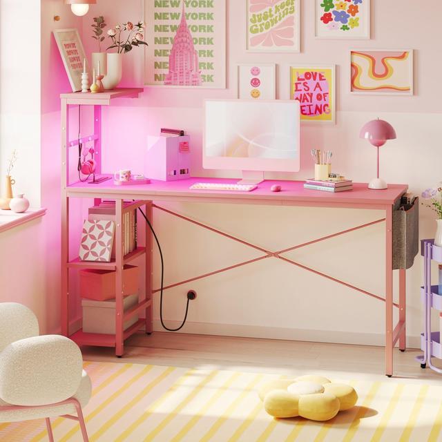 Alt view image 3 of 7 - Bestier 61.3 Inch Gaming Desk, 4 Tier Shelf Computer Desk with USB Socket, LED Lighting, Side Storage Bag and Accessories Hanger for Gaming and Working, Pink 3D Carbon Fiber
