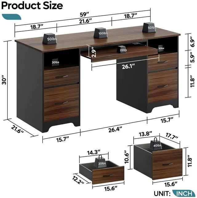 Alt view image 3 of 7 - Bestier 59Computer Desk with 4 Drawers,Office Executive Desk with Keyboard Tray, Writing Desk with Storage and File Drawer,Cheery