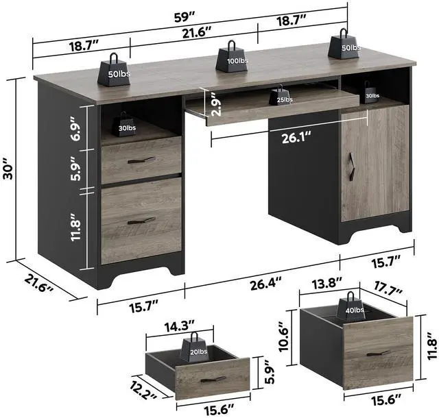 Alt view image 3 of 7 - Bestier 59Computer Desk with Drawers,Office Executive Desk with Keyboard Tray, Writing Desk with Storage Cabinet and File Drawer,Gray