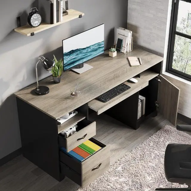 Alt view image 5 of 7 - Bestier 59Computer Desk with Drawers,Office Executive Desk with Keyboard Tray, Writing Desk with Storage Cabinet and File Drawer,Gray