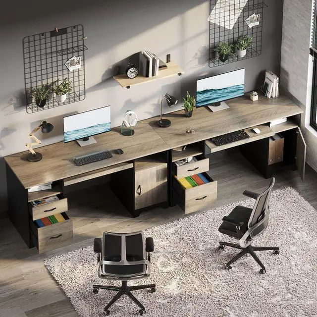 Alt view image 4 of 7 - Bestier 59Computer Desk with Drawers,Office Executive Desk with Keyboard Tray, Writing Desk with Storage Cabinet and File Drawer,Gray