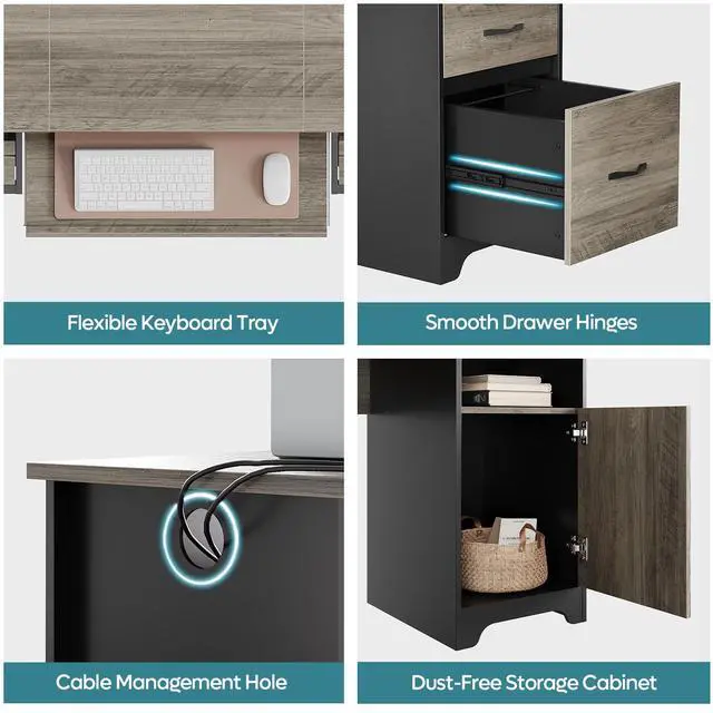 Alt view image 7 of 7 - Bestier 59Computer Desk with Drawers,Office Executive Desk with Keyboard Tray, Writing Desk with Storage Cabinet and File Drawer,Gray