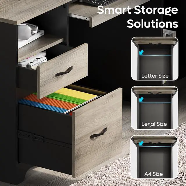 Alt view image 6 of 7 - Bestier 59Computer Desk with Drawers,Office Executive Desk with Keyboard Tray, Writing Desk with Storage Cabinet and File Drawer,Gray