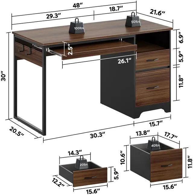 Alt view image 3 of 7 - Bestier 48Computer Desk with 2 Drawers,Office Executive Desk with Keyboard Tray and 2 Hooks ,Cherry
