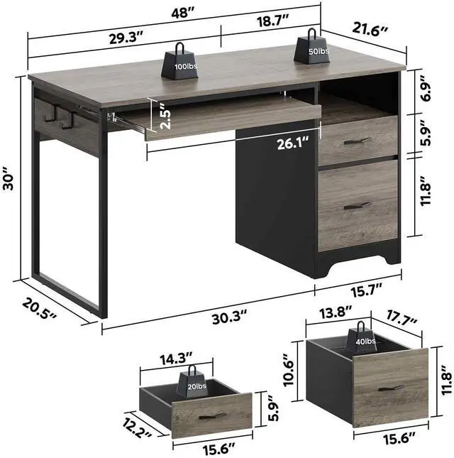 Alt view image 3 of 7 - Bestier 48Computer Desk with 2 Drawers,Office Executive Desk with Keyboard Tray and 2 Hooks , Gray