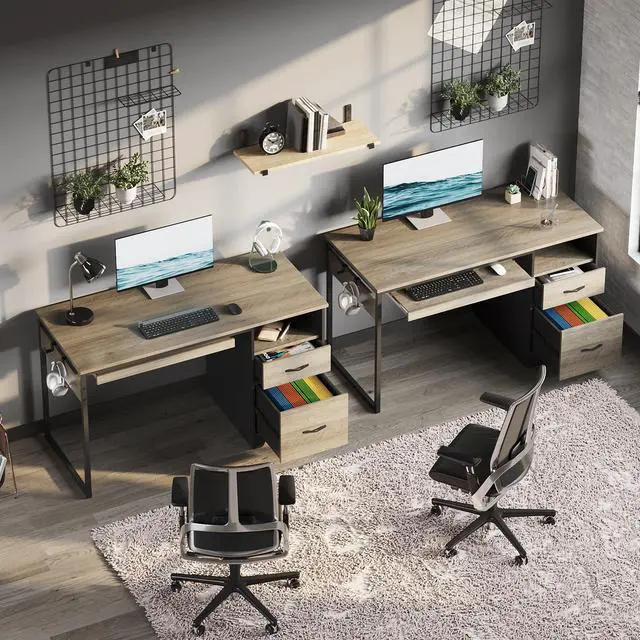Alt view image 4 of 7 - Bestier 48Computer Desk with 2 Drawers,Office Executive Desk with Keyboard Tray and 2 Hooks , Gray