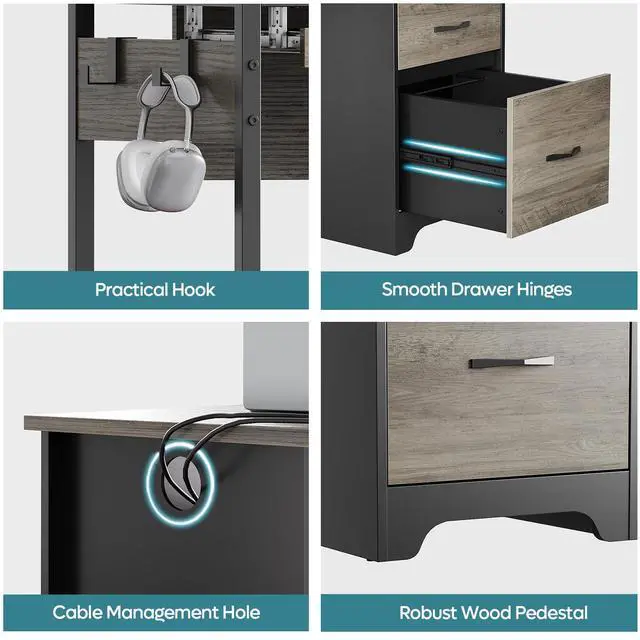 Alt view image 7 of 7 - Bestier 48Computer Desk with 2 Drawers,Office Executive Desk with Keyboard Tray and 2 Hooks , Gray