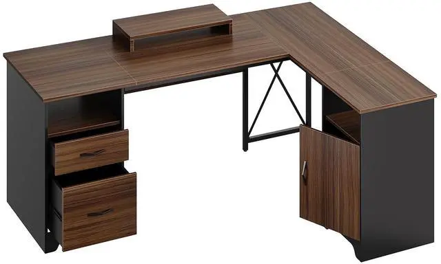 Alt view image 2 of 7 - Bestier 63'' L Shaped Home Office Desk with File&Storage Drawers and Cabinet,Corner Computer Desk with Monitor Stand and Open Compartments,Cherry