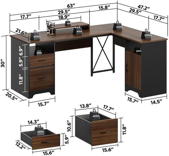 Alt view image 3 of 7 - Bestier 63'' L Shaped Home Office Desk with File&Storage Drawers and Cabinet,Corner Computer Desk with Monitor Stand and Open Compartments,Cherry