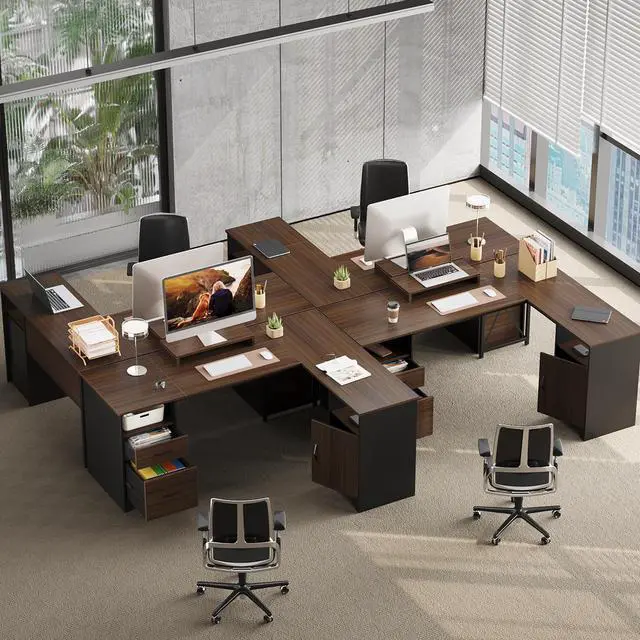 Alt view image 5 of 7 - Bestier 63'' L Shaped Home Office Desk with File&Storage Drawers and Cabinet,Corner Computer Desk with Monitor Stand and Open Compartments,Cherry