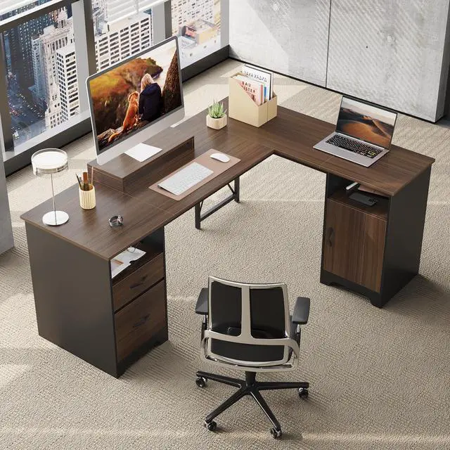 Alt view image 4 of 7 - Bestier 63'' L Shaped Home Office Desk with File&Storage Drawers and Cabinet,Corner Computer Desk with Monitor Stand and Open Compartments,Cherry
