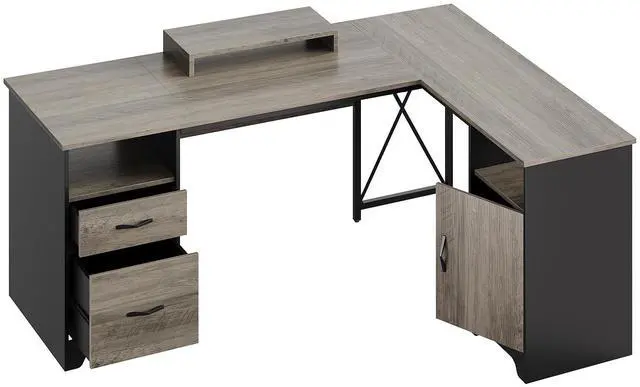 Alt view image 2 of 7 - Bestier 63'' L Shaped Home Office Desk with File&Storage Drawers and Cabinet,Corner Computer Desk with Monitor Stand and Open Compartments,Gray
