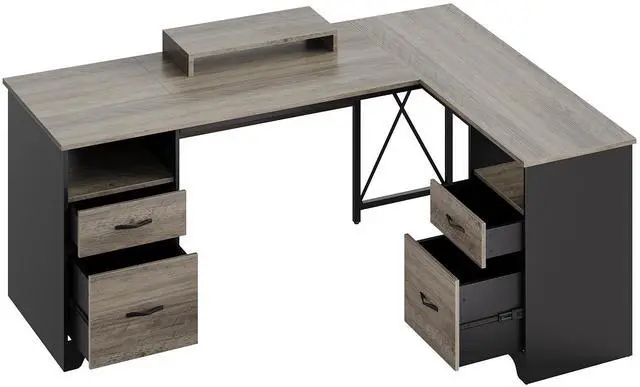Alt view image 2 of 7 - Bestier 63 L Shaped Desk with 2 File Drawers & Monitor Stand, Reversible Computer Desk with 4 Storage Drawers, Home Office Desk, Corner Desk Gray