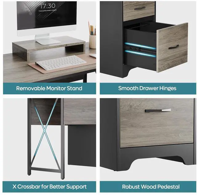 Alt view image 7 of 7 - Bestier 63 L Shaped Desk with 2 File Drawers & Monitor Stand, Reversible Computer Desk with 4 Storage Drawers, Home Office Desk, Corner Desk Gray
