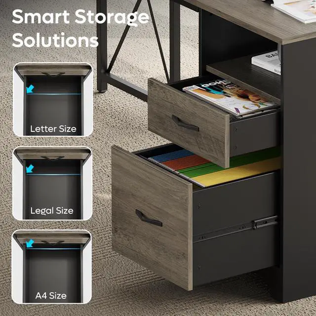 Alt view image 6 of 7 - Bestier 63 L Shaped Desk with 2 File Drawers & Monitor Stand, Reversible Computer Desk with 4 Storage Drawers, Home Office Desk, Corner Desk Gray