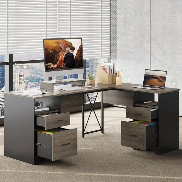 Main image of Bestier 63 L Shaped Desk with 2 File Drawers & Monitor Stand, Reversible Computer Desk with 4 Storage Drawers, Home Office Desk, Corner Desk Gray