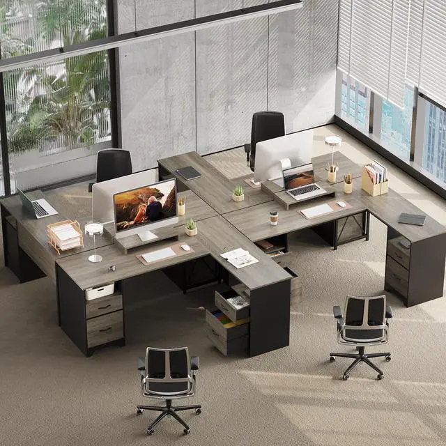Alt view image 5 of 7 - Bestier 63 L Shaped Desk with 2 File Drawers & Monitor Stand, Reversible Computer Desk with 4 Storage Drawers, Home Office Desk, Corner Desk Gray