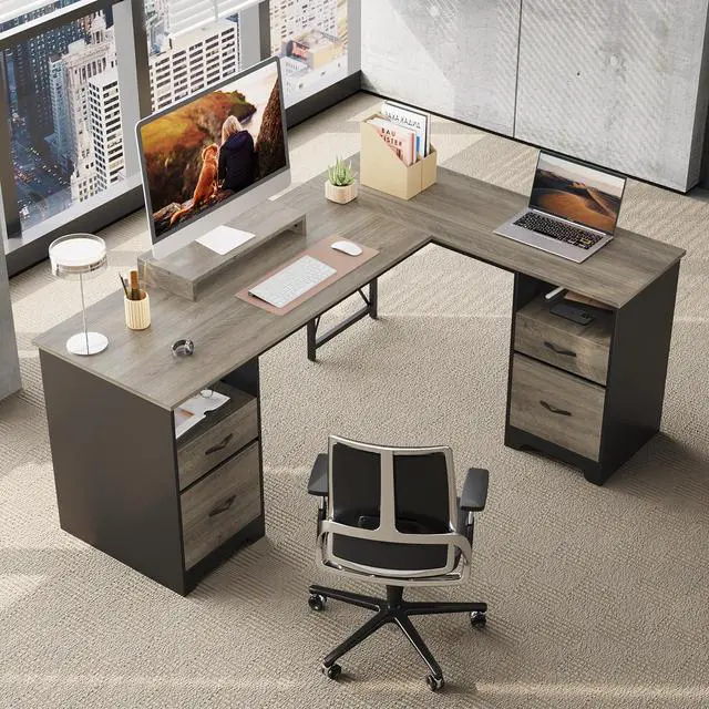 Alt view image 4 of 7 - Bestier 63 L Shaped Desk with 2 File Drawers & Monitor Stand, Reversible Computer Desk with 4 Storage Drawers, Home Office Desk, Corner Desk Gray