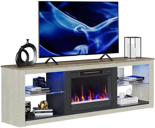 Main image of Bestier Fireplace Tv Stand with LED Glass Shelves Media Console Entertainment Gaming Center Heater Inside for Up to 75" Tvs White