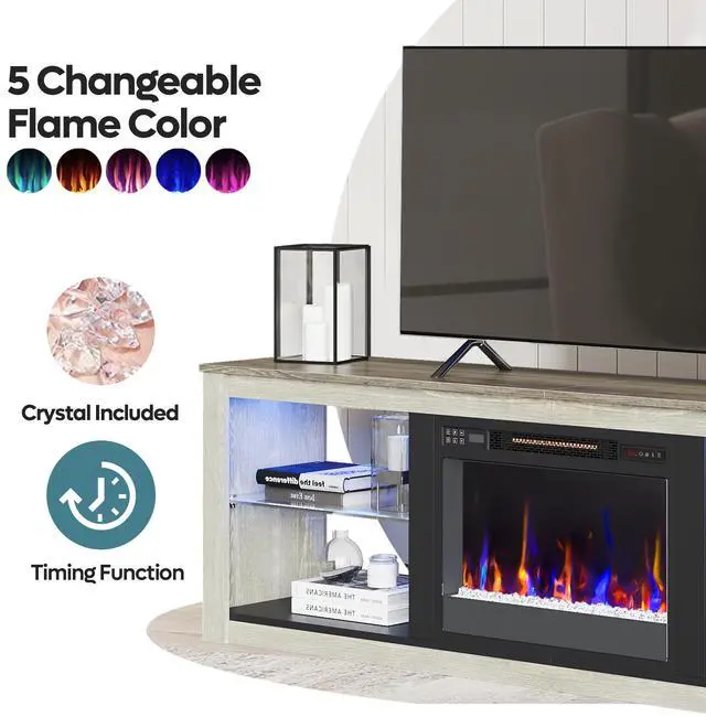Alt view image 3 of 7 - Bestier Fireplace Tv Stand with LED Glass Shelves Media Console Entertainment Gaming Center Heater Inside for Up to 75" Tvs White