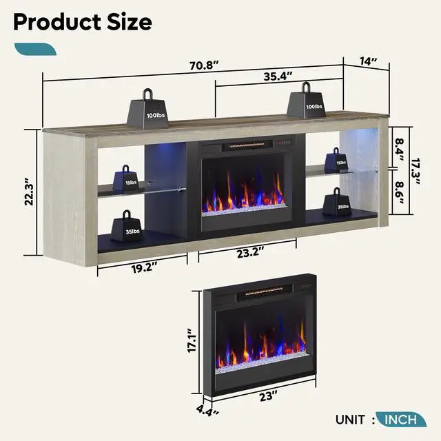 Alt view image 6 of 7 - Bestier Fireplace Tv Stand with LED Glass Shelves Media Console Entertainment Gaming Center Heater Inside for Up to 75" Tvs White
