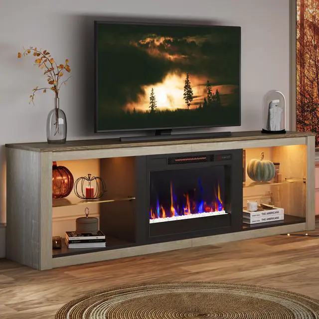Alt view image 7 of 7 - Bestier Fireplace Tv Stand with LED Glass Shelves Media Console Entertainment Gaming Center Heater Inside for Up to 75" Tvs White