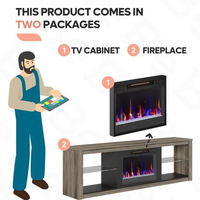 Alt view image 3 of 7 - Bestier Fireplace Tv Stand with LED Glass Shelves Media Console Entertainment Gaming Center Heater Inside for Up to 75" Tvs Gray